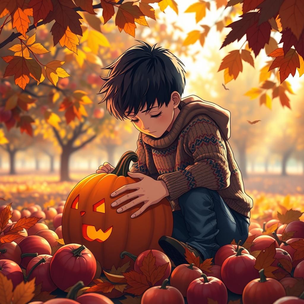 Anime Boy Carves Pumpkin in Autumn Orchard