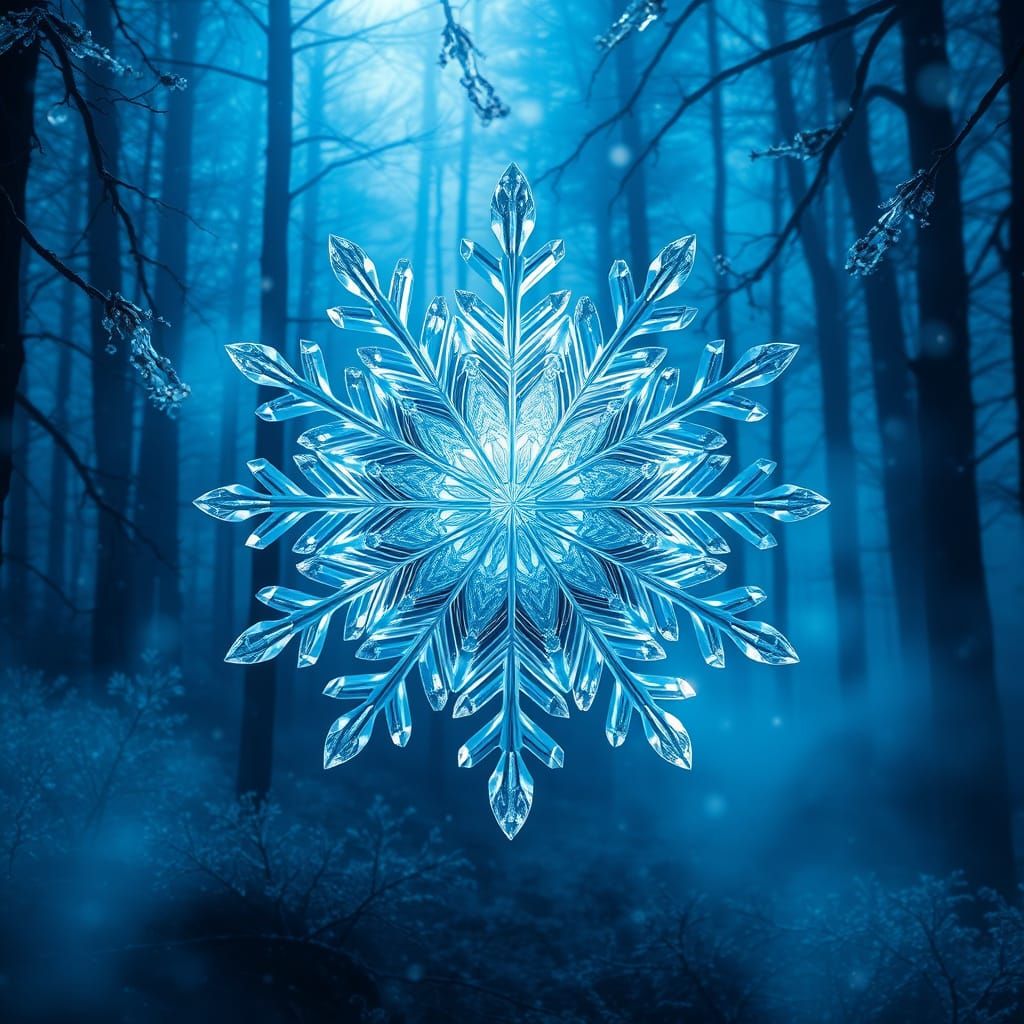 Magical Crystal Snowflake in Ethereal Blue Forest