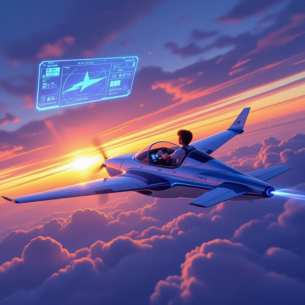 Boy and AI Pilot Advanced Plane at Sunset