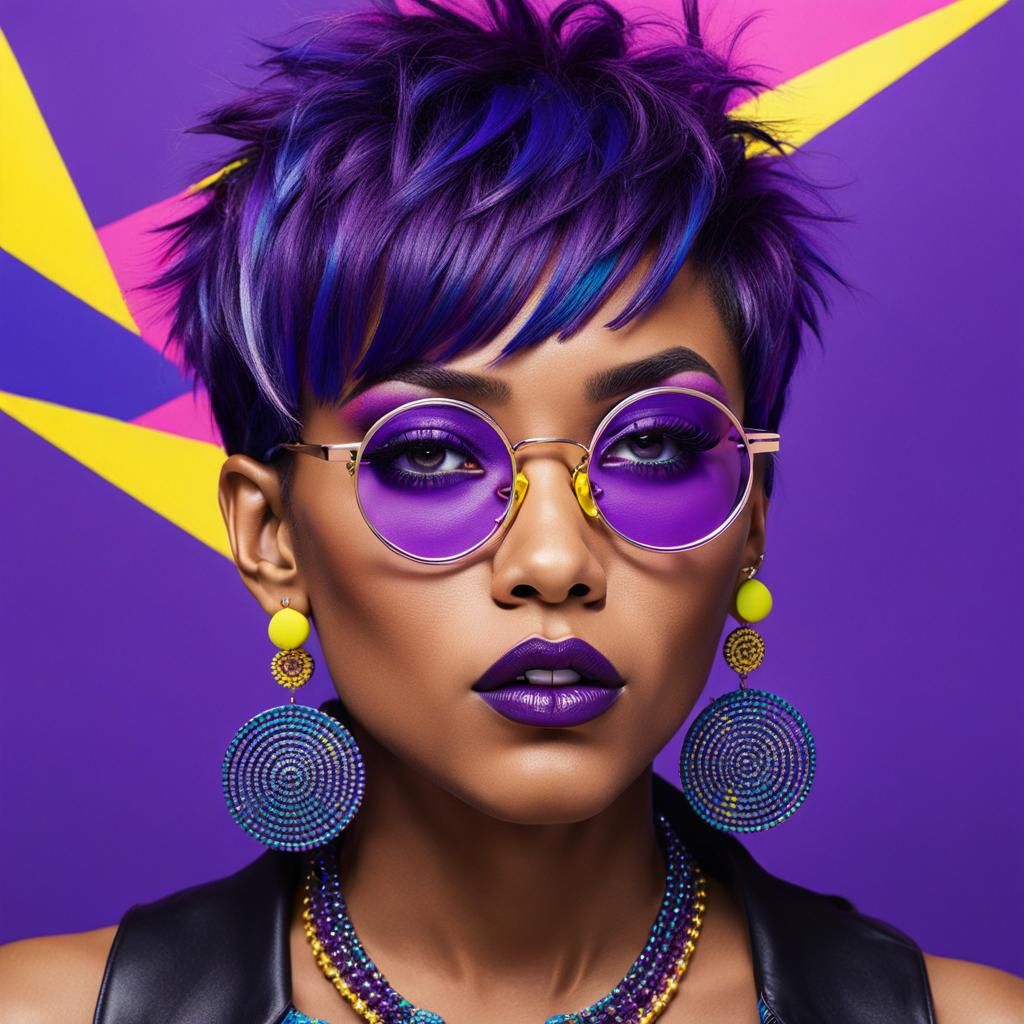 Pop Art Woman with Spiked Purple Hair and Glasses
