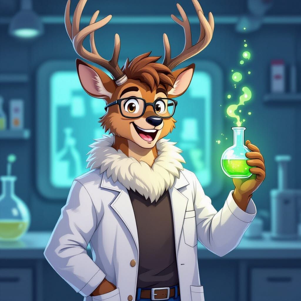Deer Scientist in Lab, Anime Cartoon Style