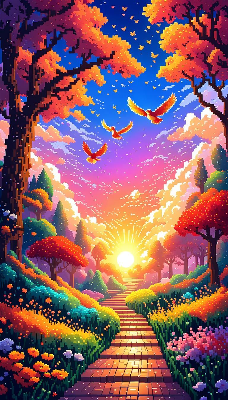 Magical Pixel Art Forest at Sunset