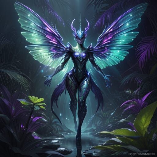 Alien Fairy Dragon in Bioluminescent Jungle