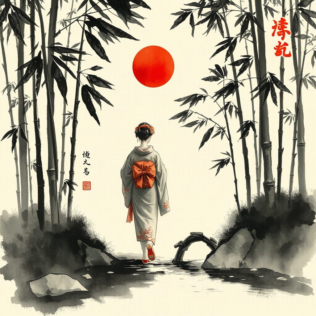 Serene Monochrome Geisha in Watercolor Brushstrokes