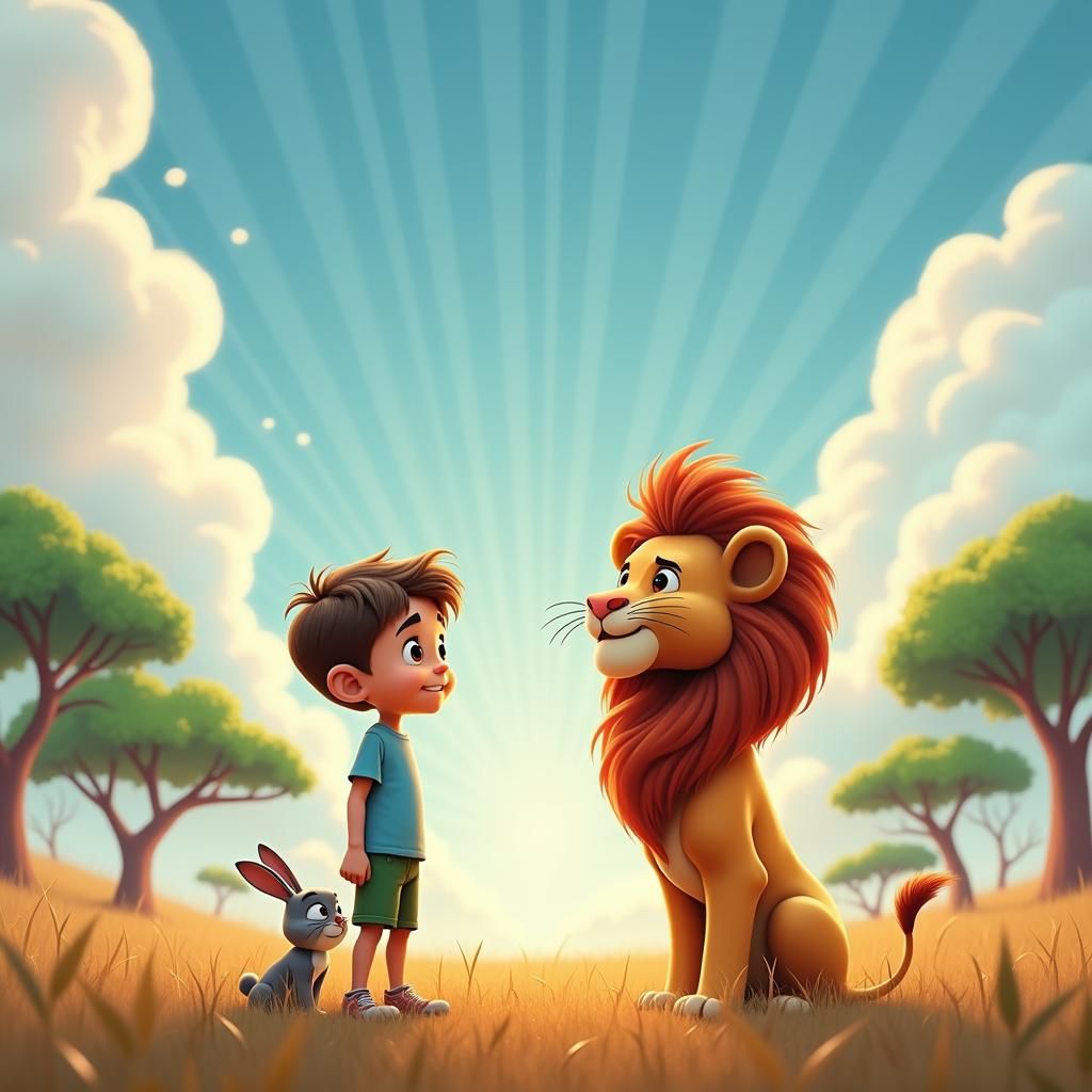 Boy Wonders About Lion and Rabbit in Pixar Style