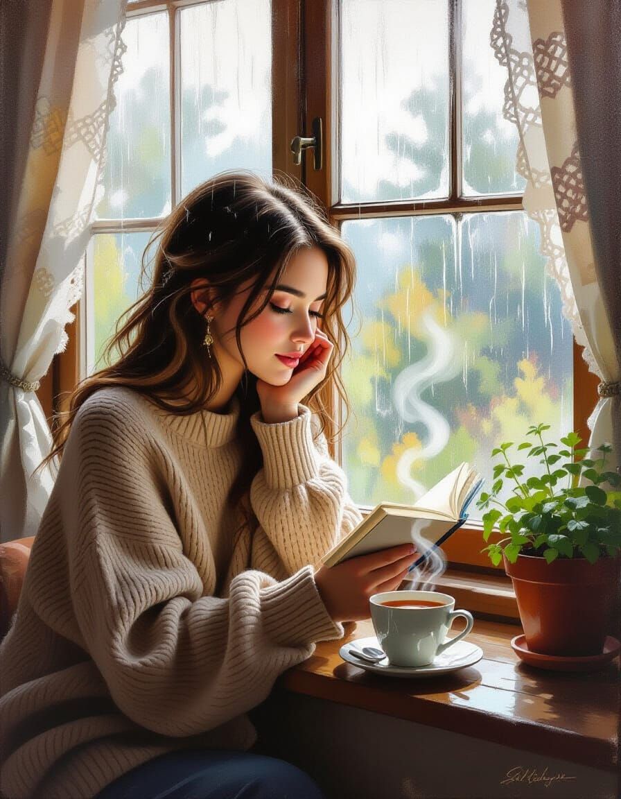 By the rainy window.