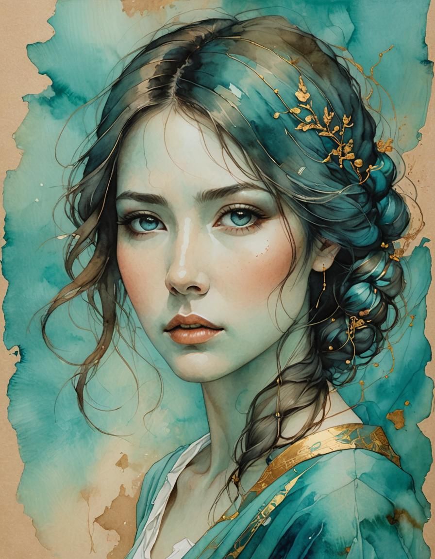 Beautiful Writer with Turquoise Eyes in Mixed Media