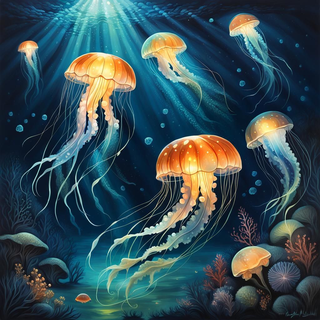 Bioluminescent Jellyfish in a Dreamlike Sea, Fantasy Paintin...