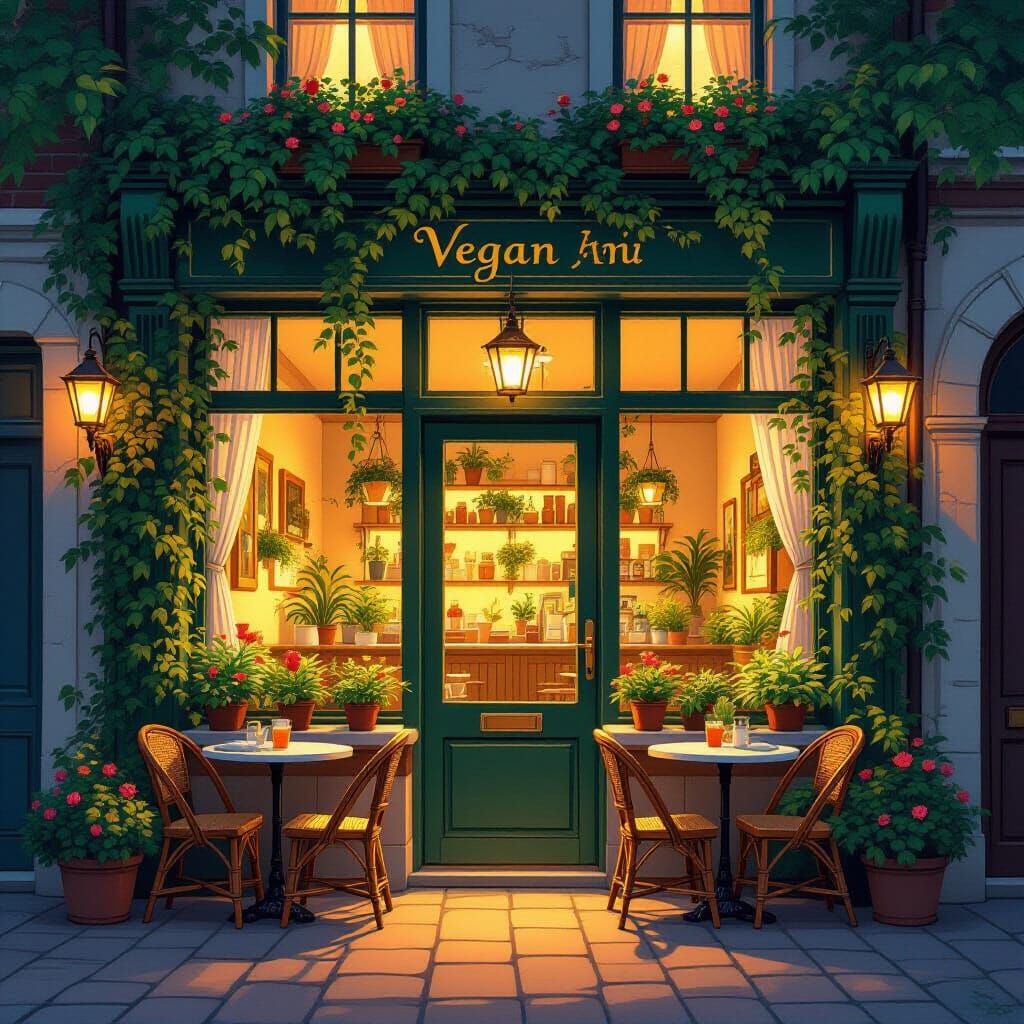 Charming Vegan Restaurant at Golden Hour Sunset