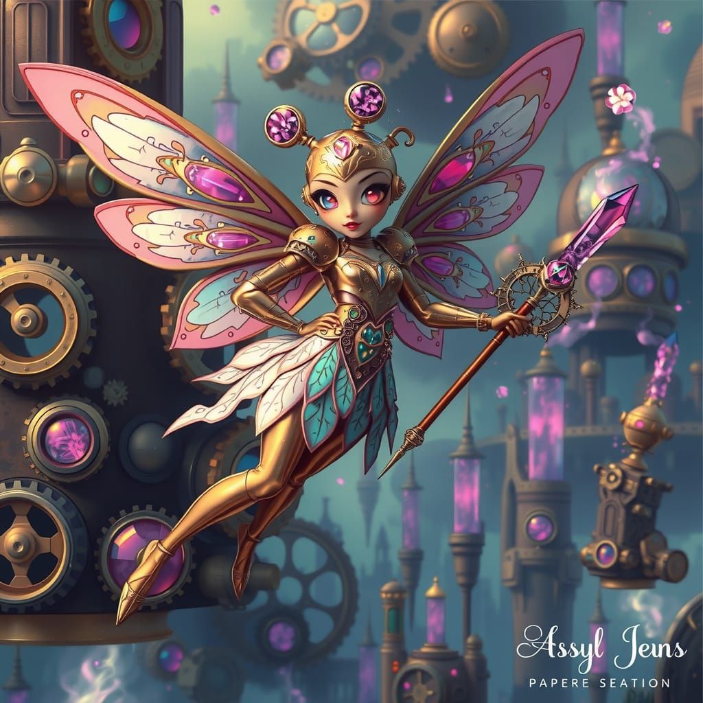 Mechanical Fairy in Floating Steampunk City