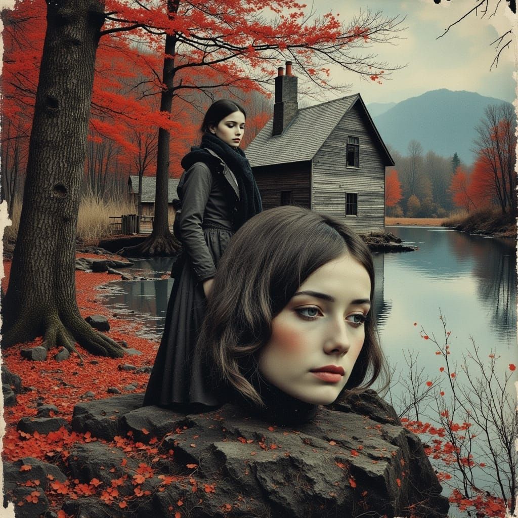 Beautiful Women at Cabin in Antique Watercolor Style