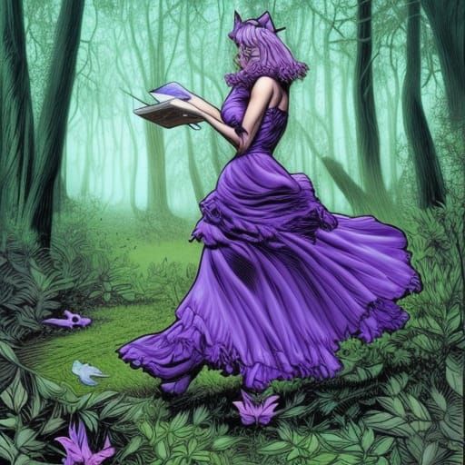 Cat Girl in Silver and Purple Dress, Comic Book Art