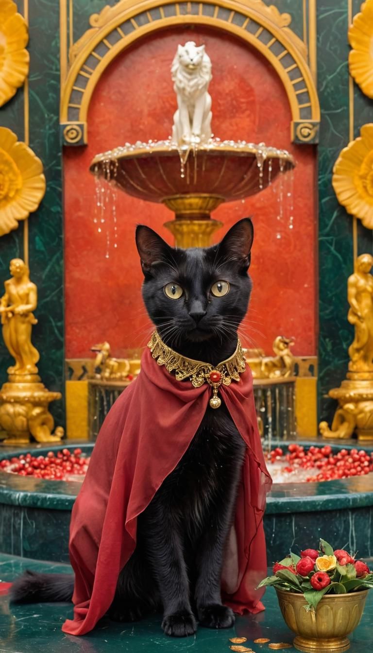 Art Deco Cat in Red Dress with Golden Bowl