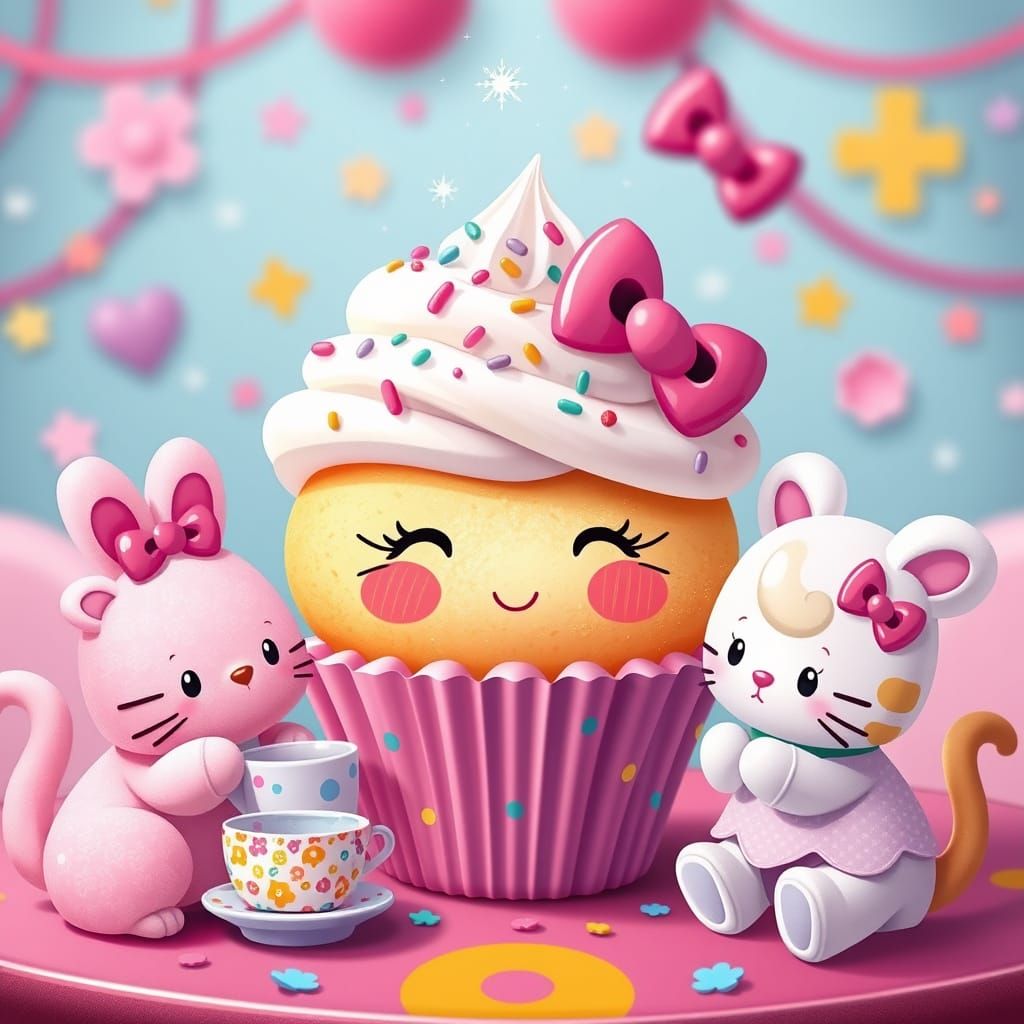 Cupcake Tea Party with Cartoon Animals in Sanrio Style