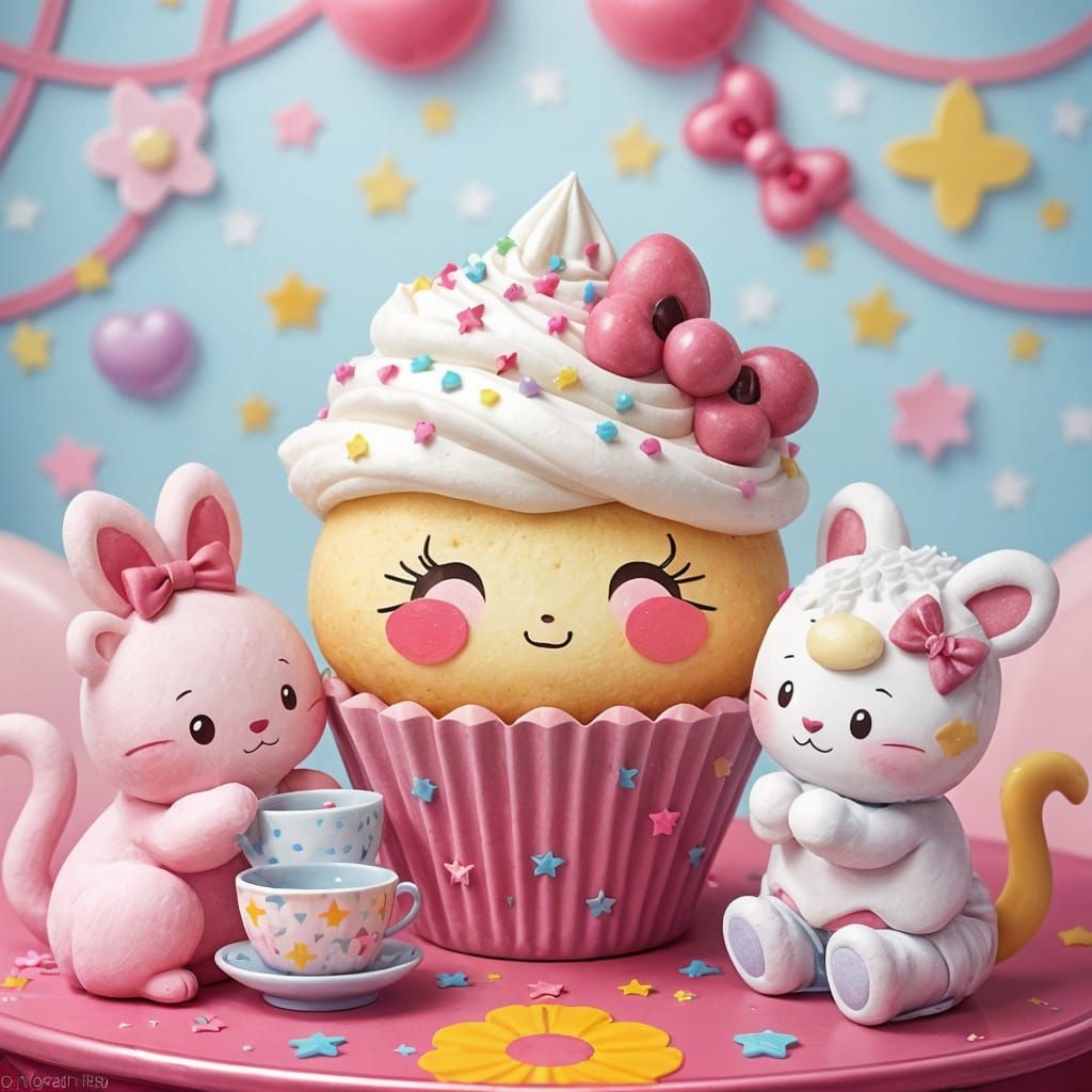 Kawaii Cupcake Tea Party with Cartoon Animals