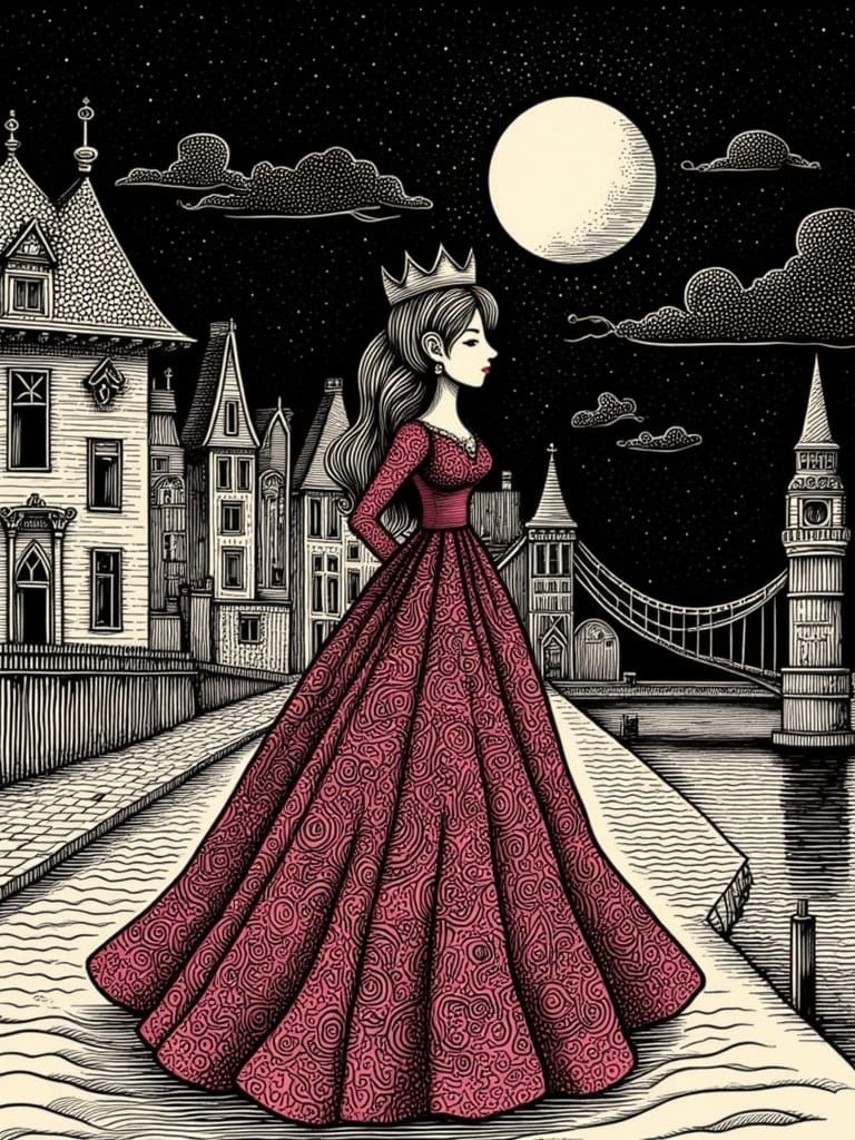 Queen of Hearts in Edward Gorey Style Illustration