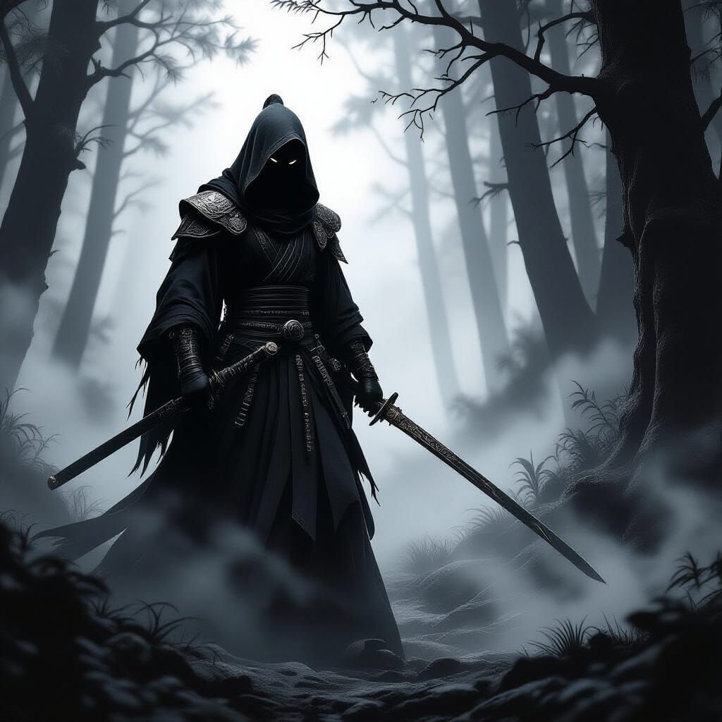 Shadow Warrior Emerges from Misty Forest