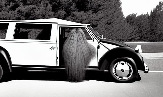 Cousin It Drives a Thing in Black and White