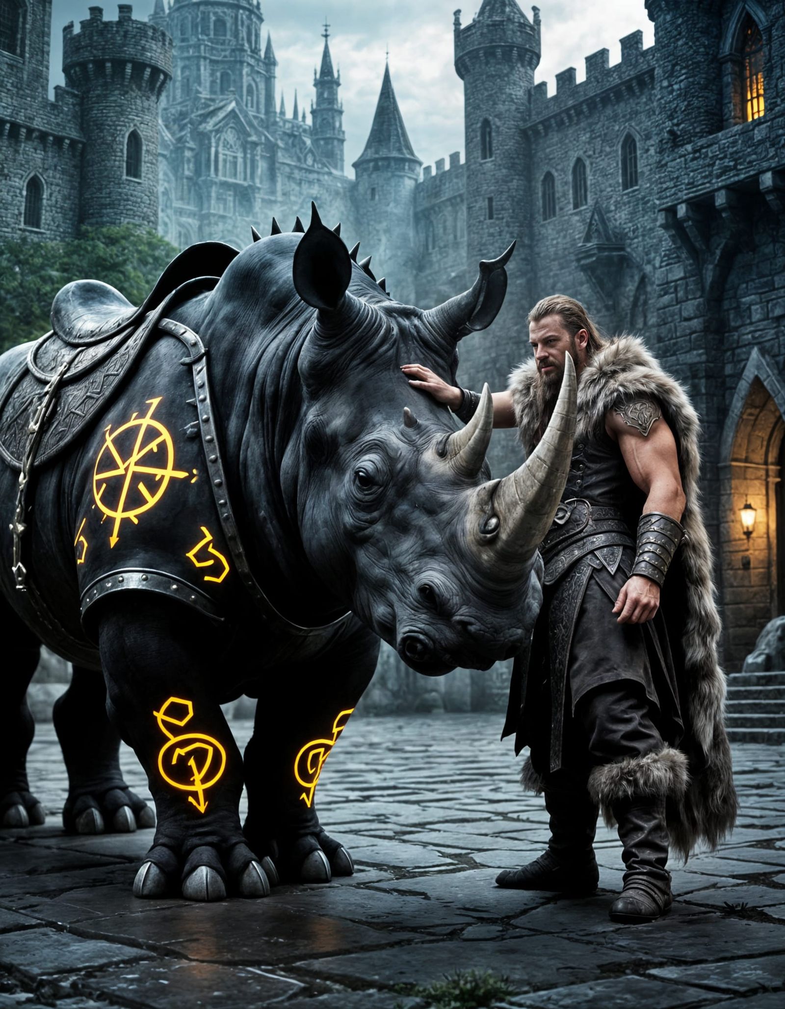 Viking Rider with Rhino-Dragon in Castle Courtyard