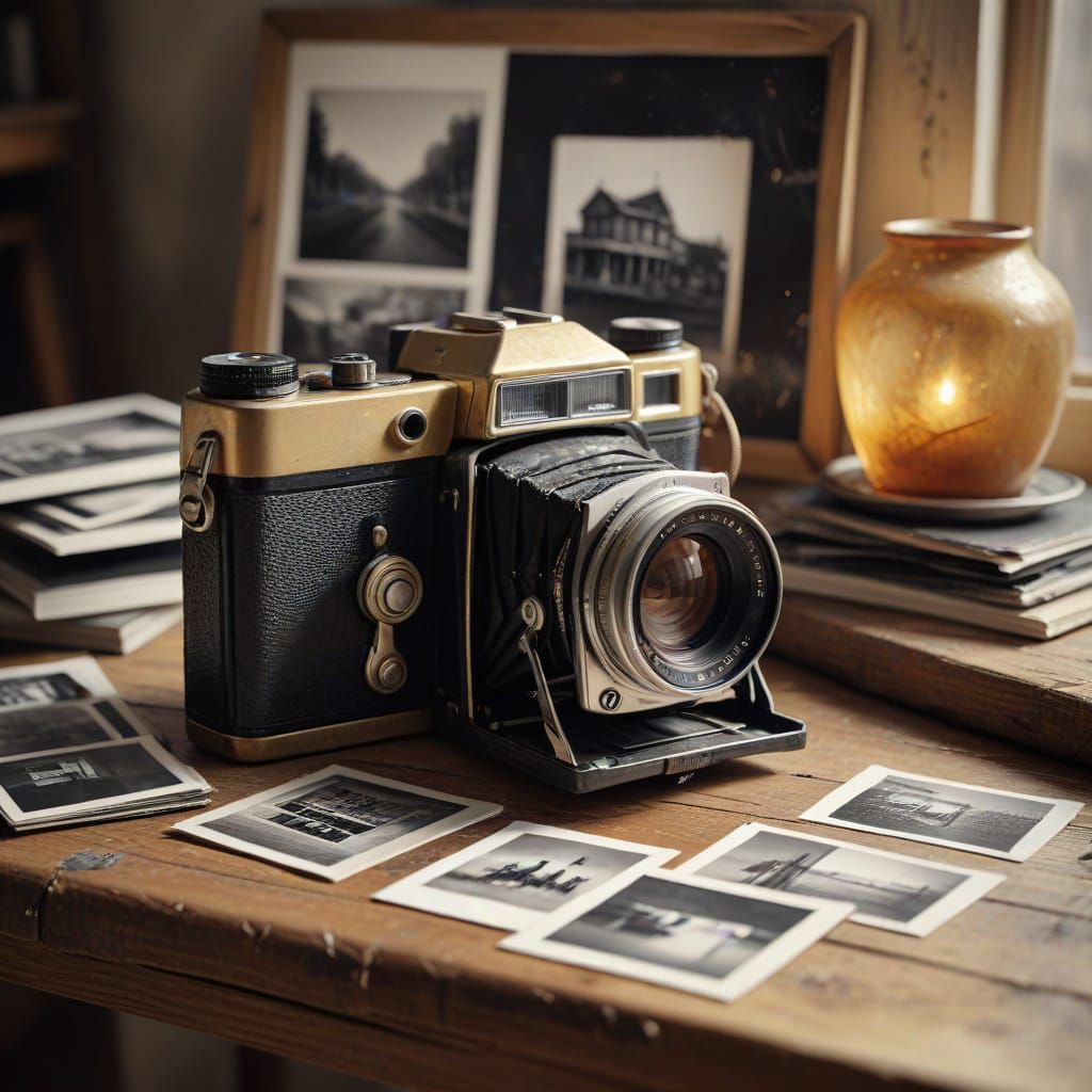 Vintage Camera in Gouache Style with Golden Light