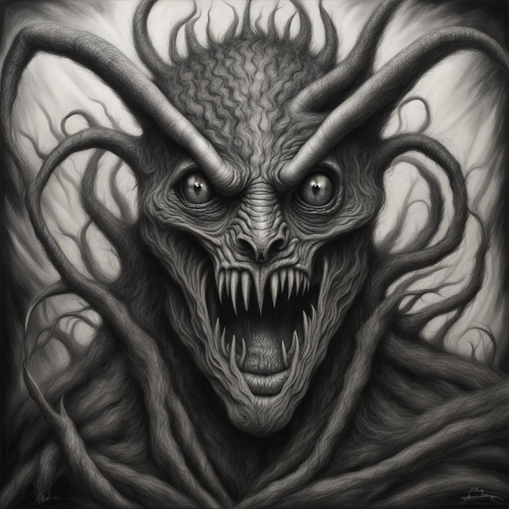 Creepy Creature in Hyperdetailed Charcoal Drawing