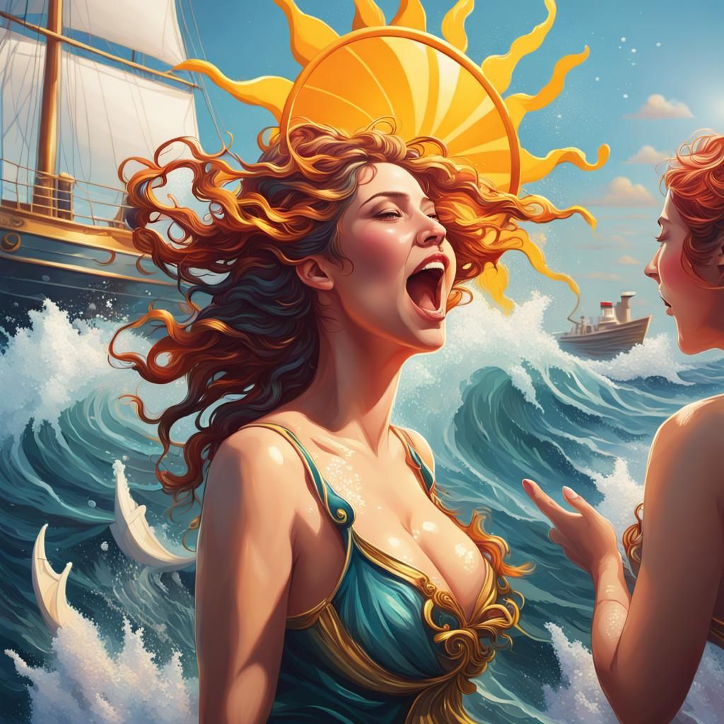 Playful Sirens Singing to Sailors in Splash Art Style