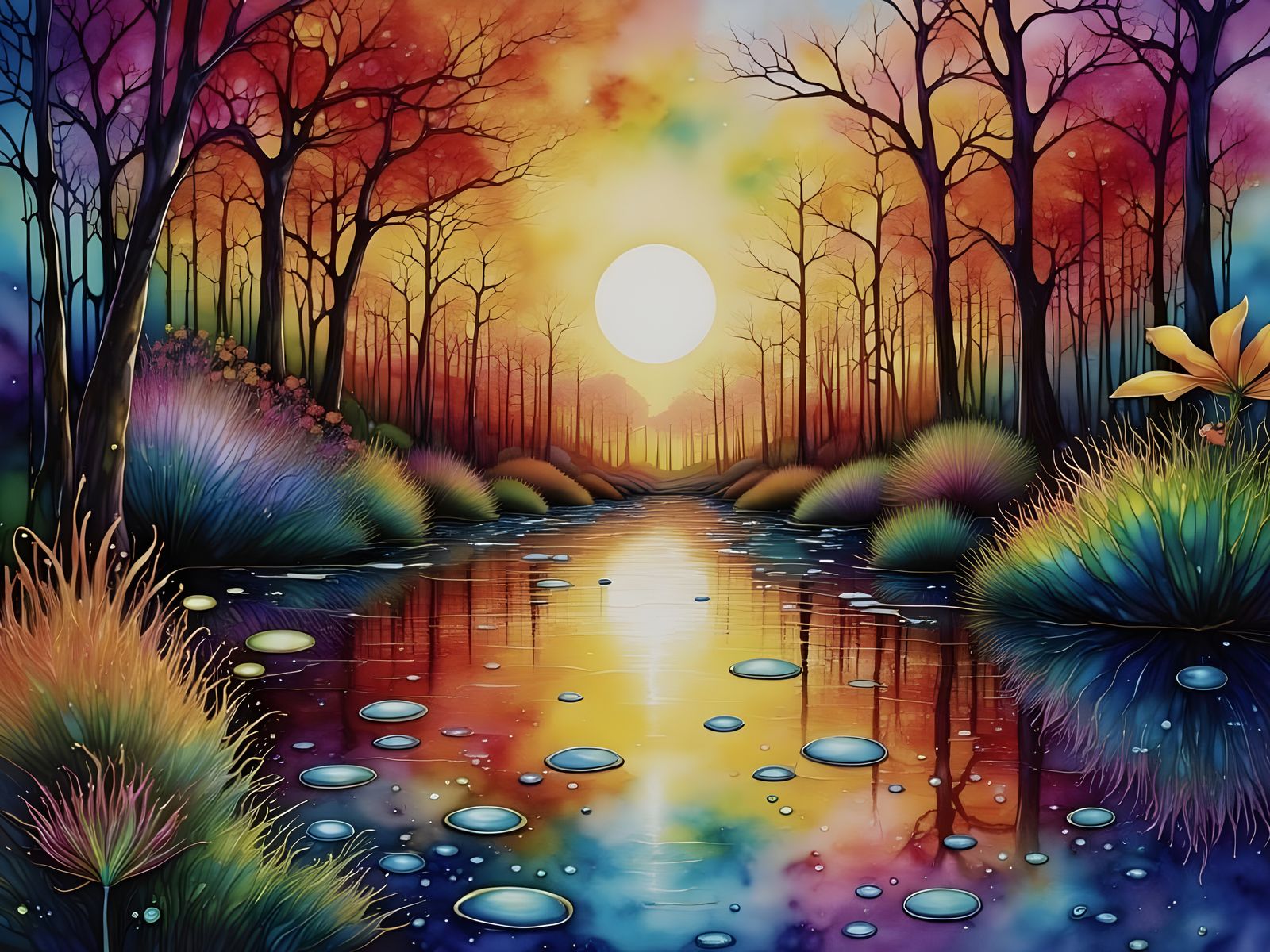 Vibrant Summer Pond in Watercolor and Ink