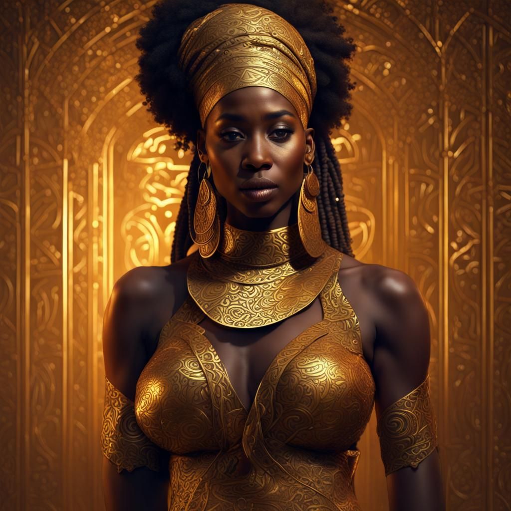 Hyperrealistic African Woman in Gold, Cinematic Lighting