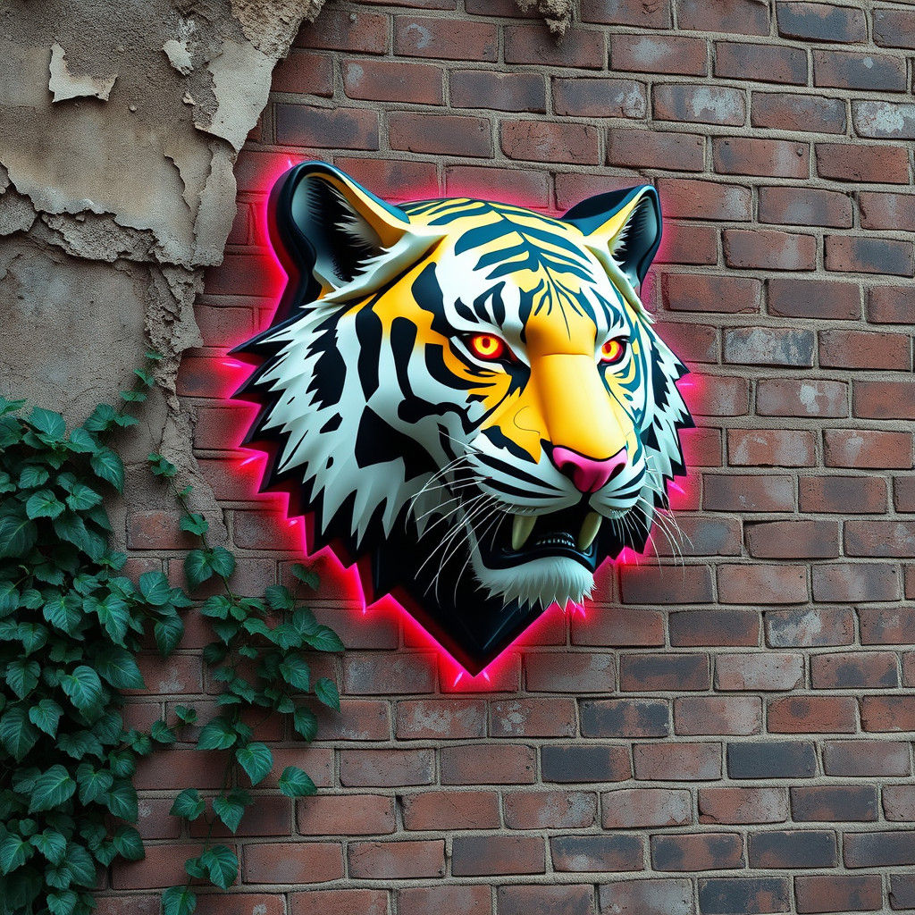 Vibrant 3D Tiger Mural on Rustic Brick Wall