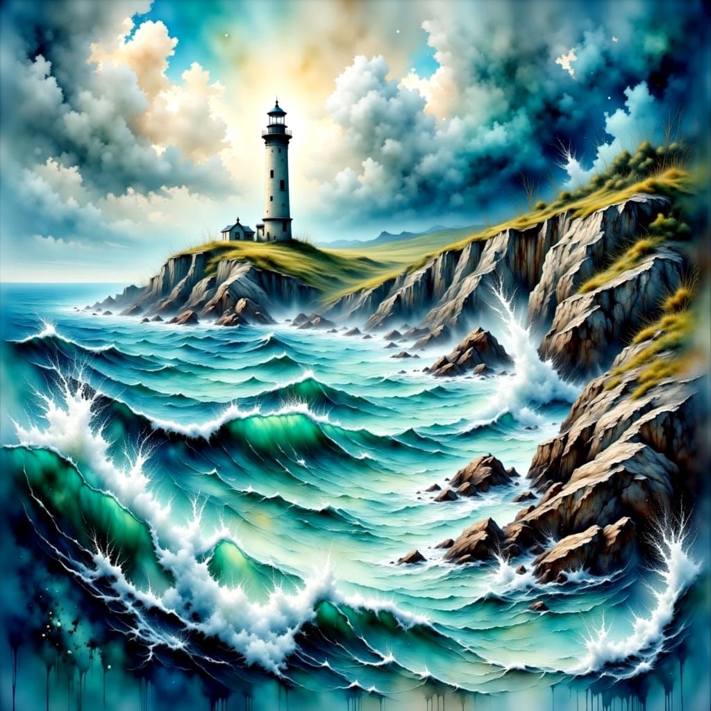 Mystical Ocean Lighthouse in Vibrant Watercolors