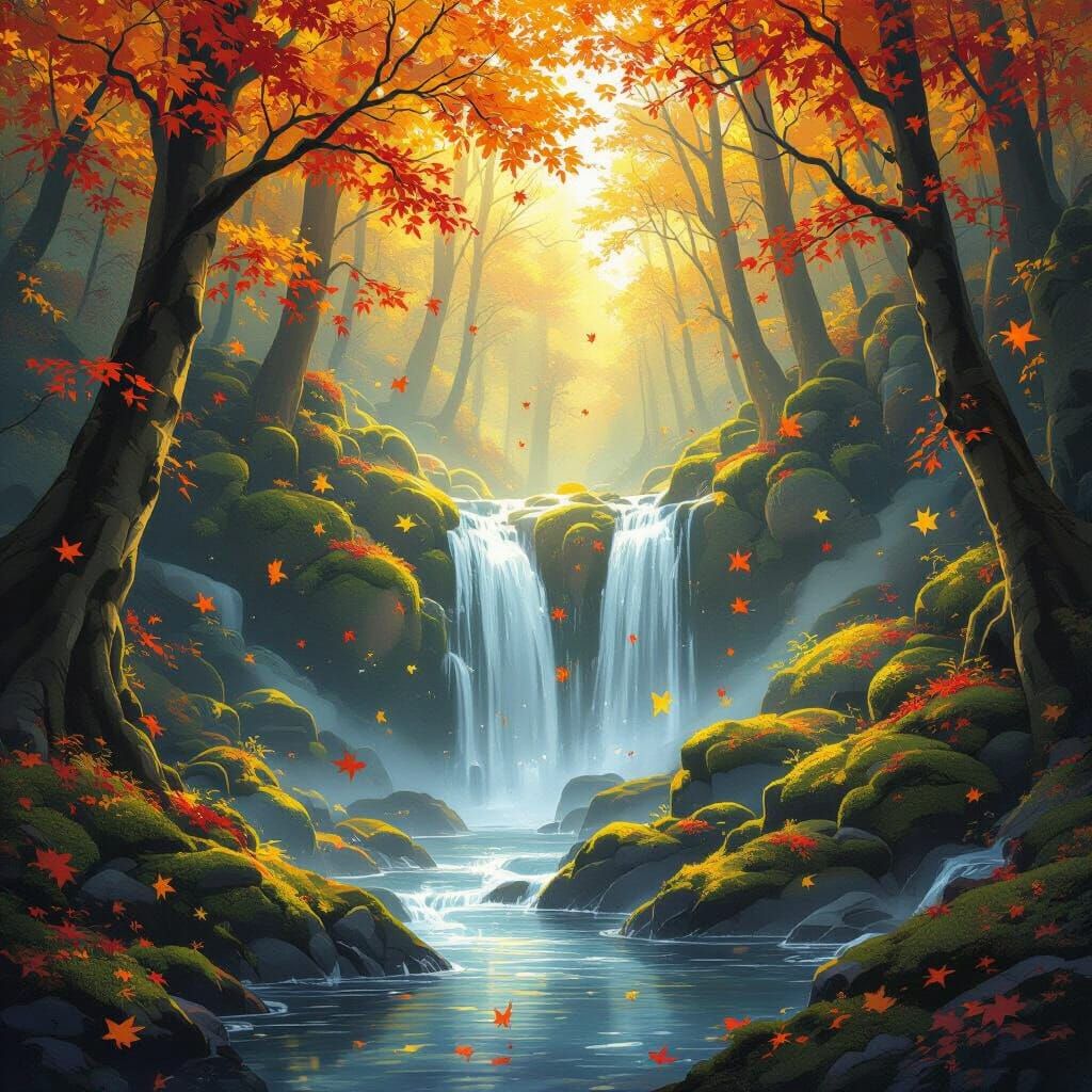 Enchanted Autumn Waterfall in Ethereal Forest