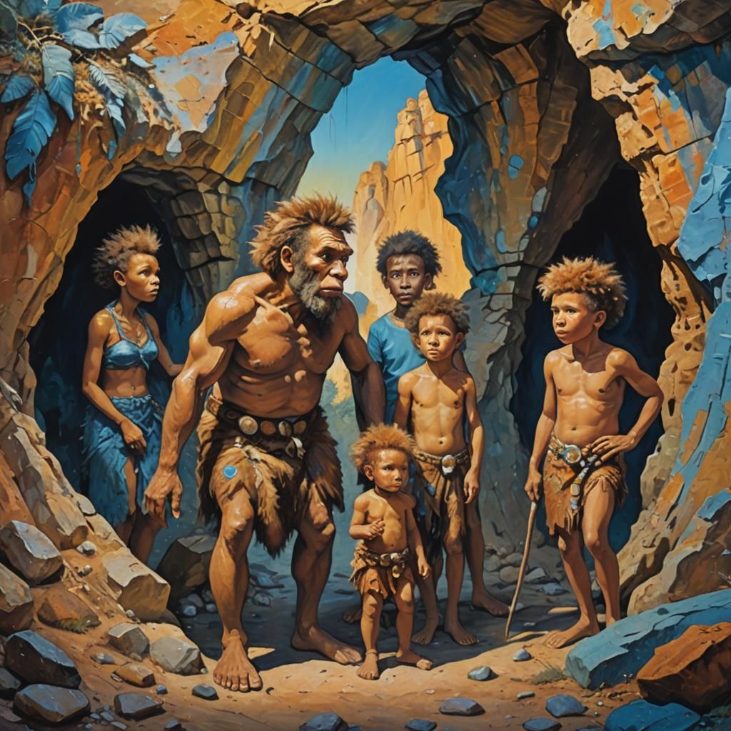 Neanderthal Family Portrait with Mohawk, Abstract Expression...