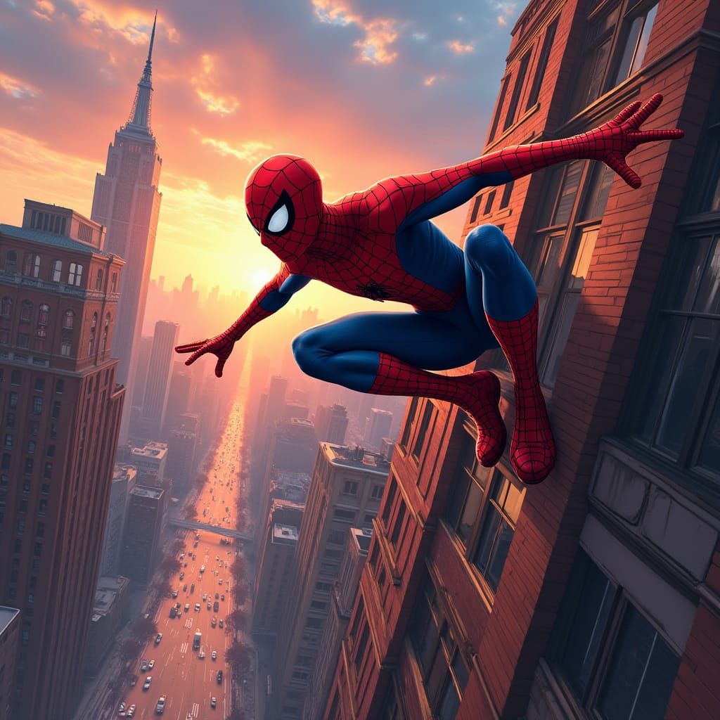 Spiderman Swings Through City at Sunset, Comic Book Style