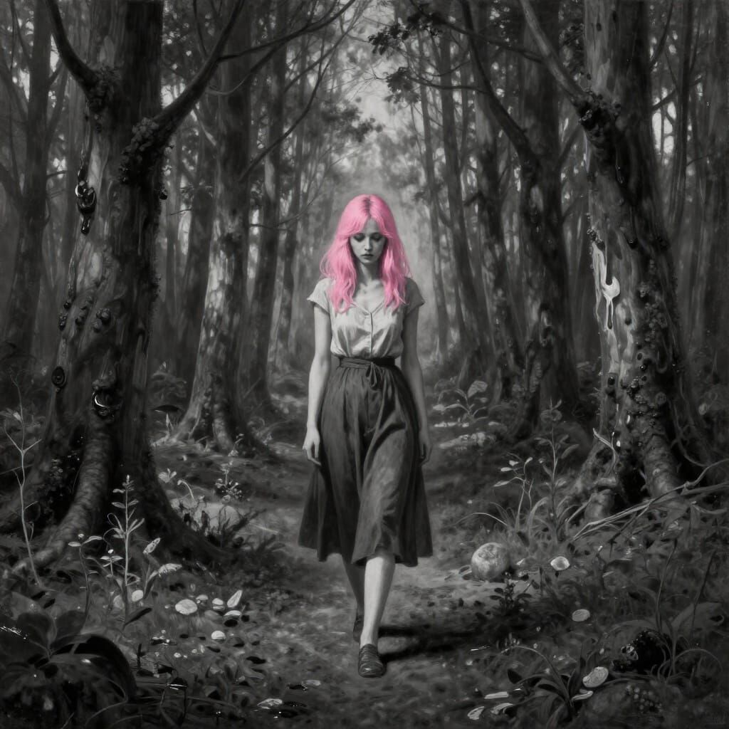 Surreal Pink Haired Woman in Melting Forest