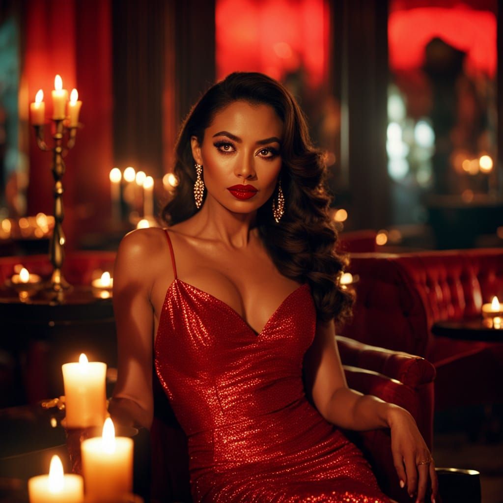 Latina Woman in Red Dress, Candlelight Lounge
