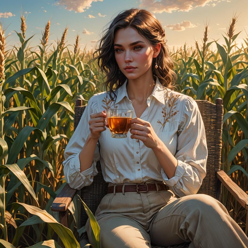 Cornfield Tea: Hyperrealistic Portrait with Dynamic Lighting