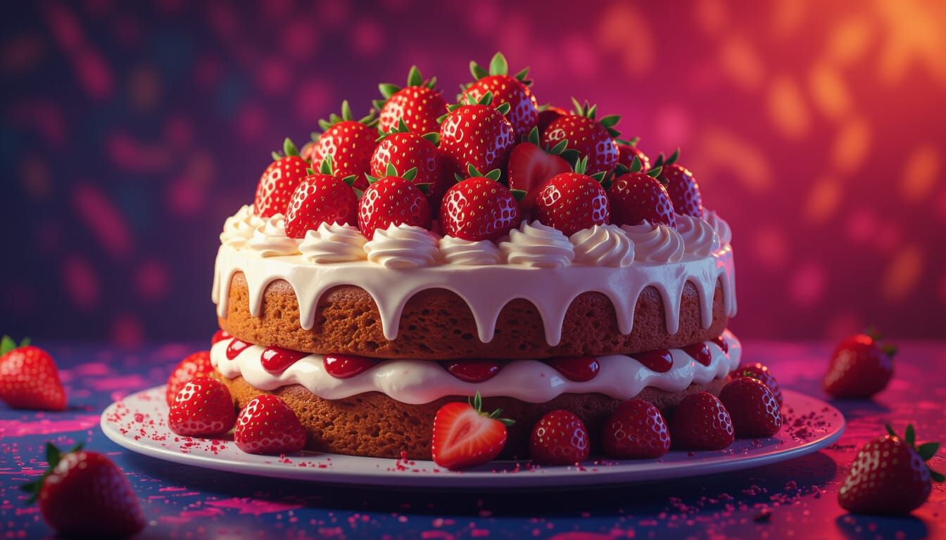 Hyperrealistic Strawberry Cake in Splash Art Style