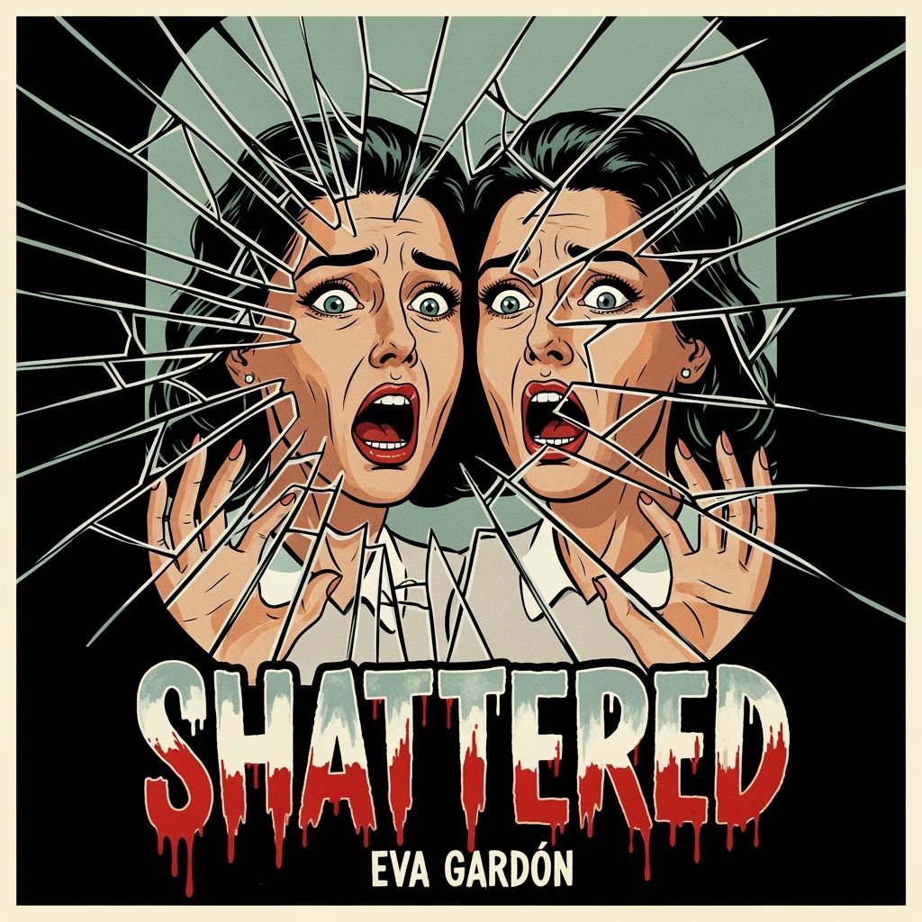 Terrified Woman in Shattered Mirror, Vintage Horror Art