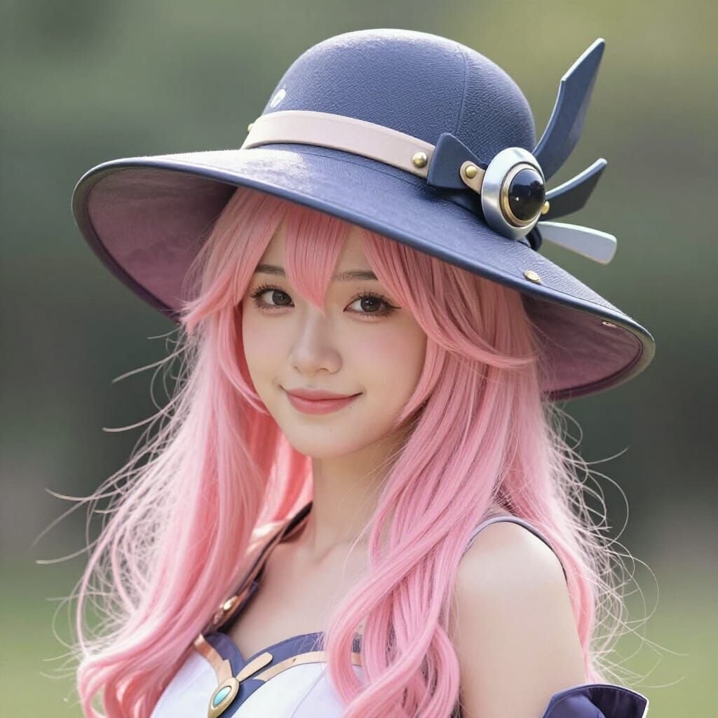 Asian Woman with Pink Hair and Detailed Futuristic Hat
