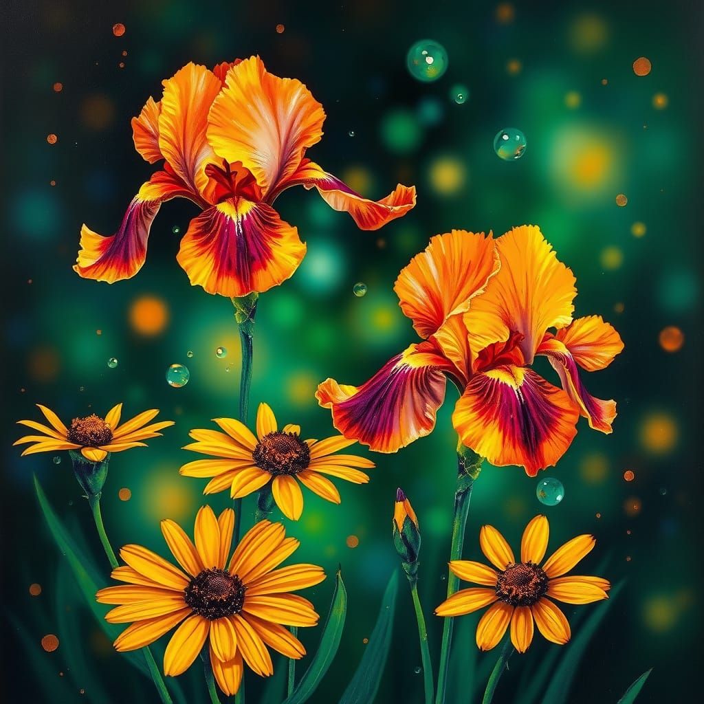 Neon Irises and Daisies in Impasto Style