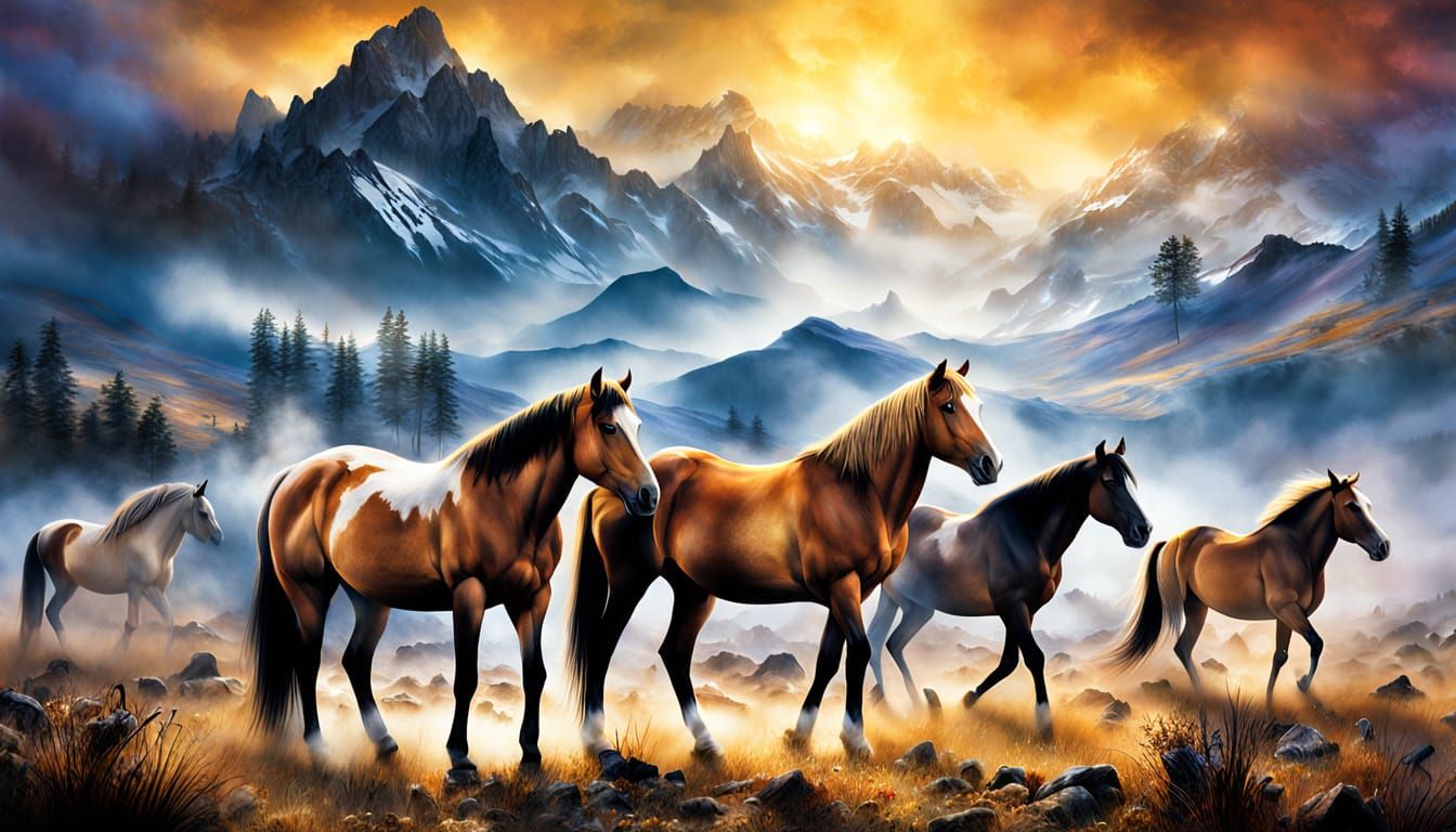 Horses Grazing in Misty Mountain Plain, Airbrush Art