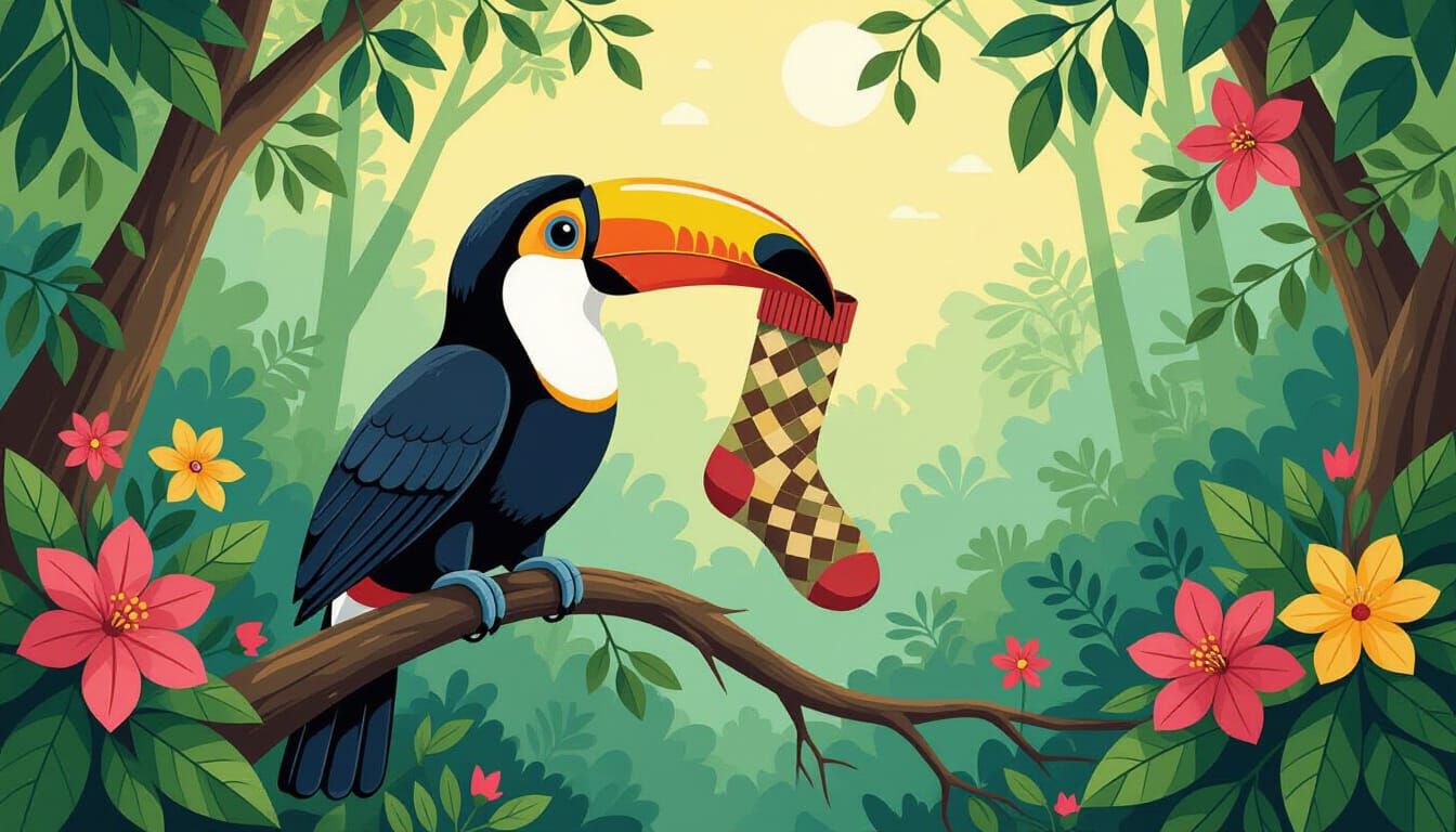 Toucan Steals Argyle Sock in Lush Rainforest