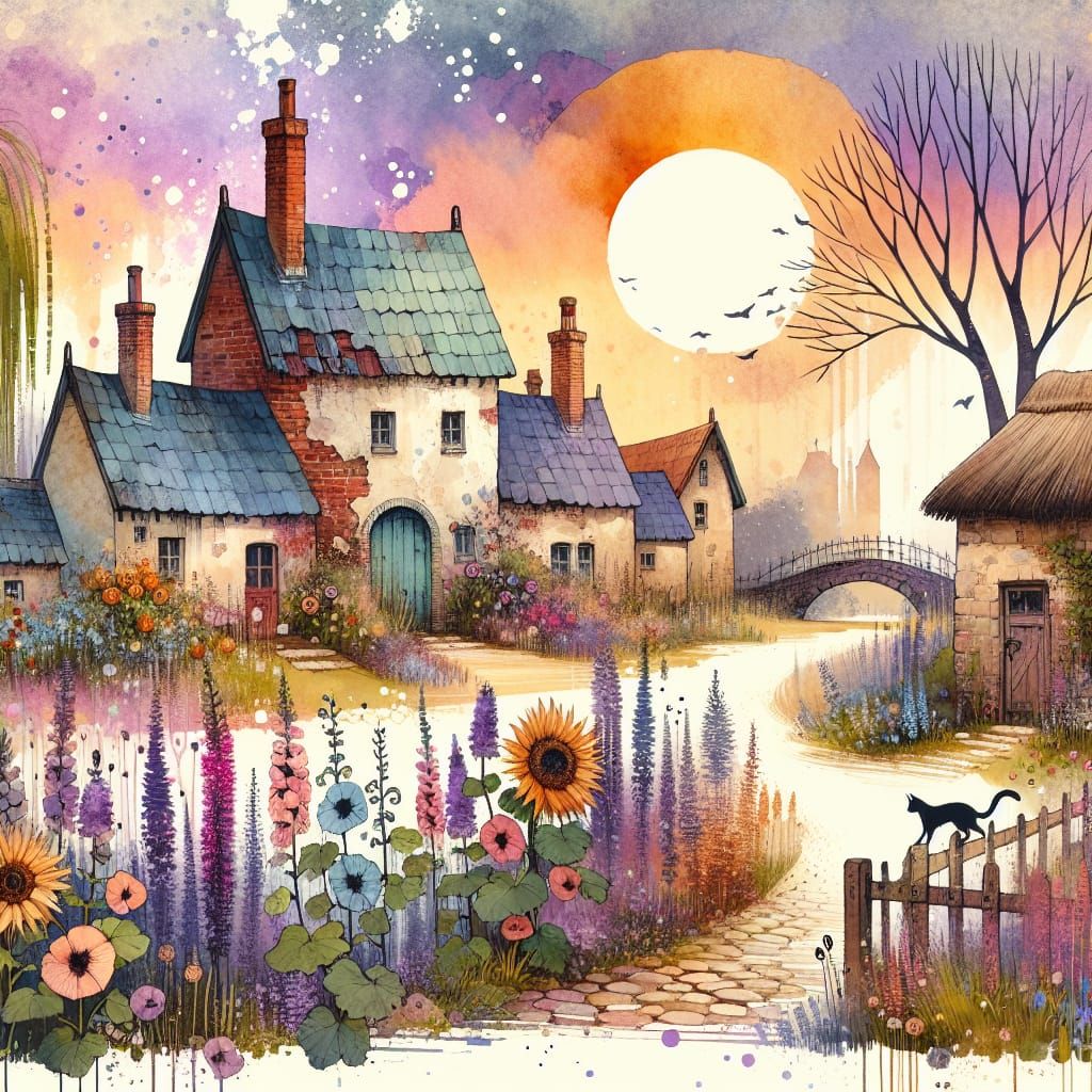 Whimsical Village Illustration with Watercolour Splashes