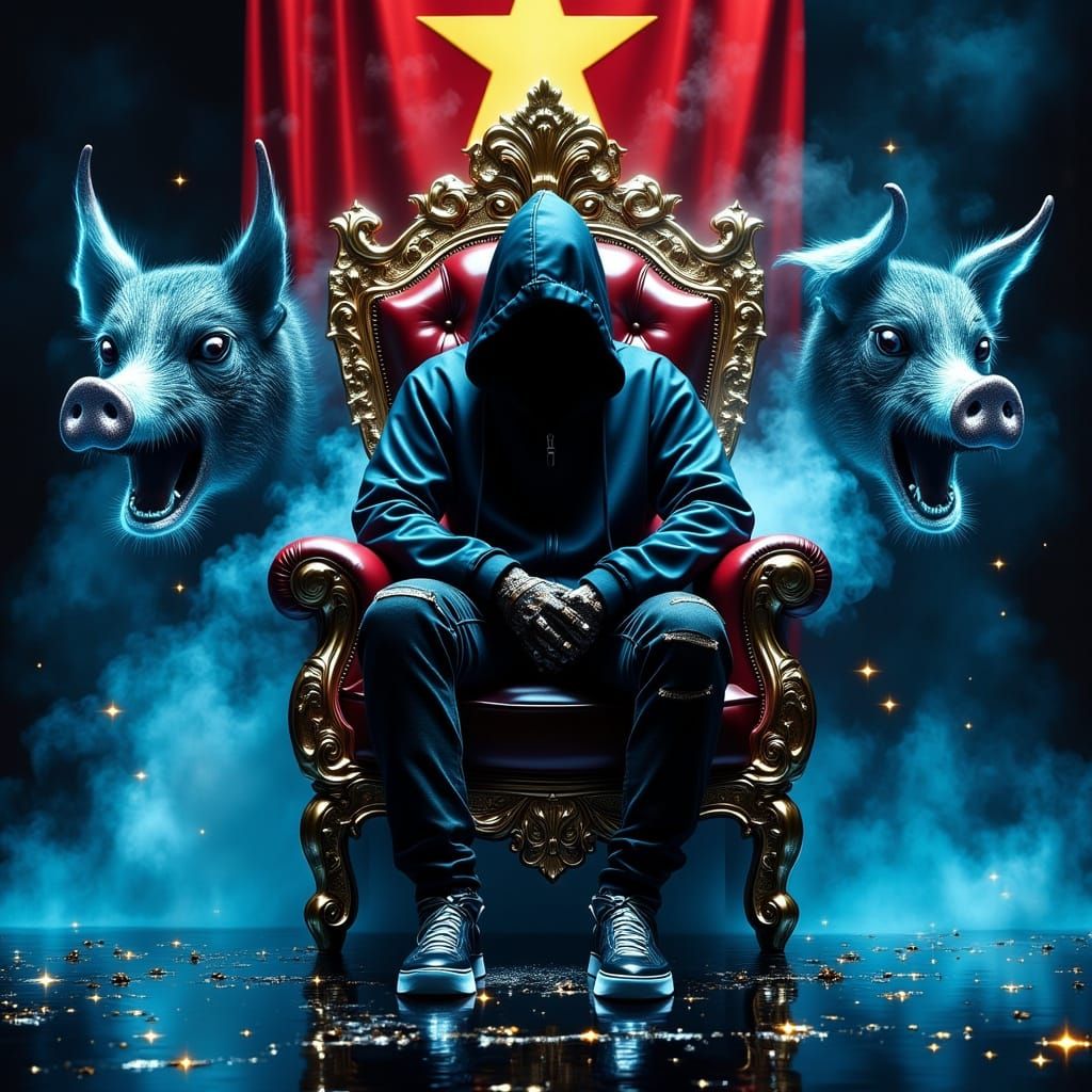 Mysterious Hooded Figure on Throne with Demonic Pig Heads