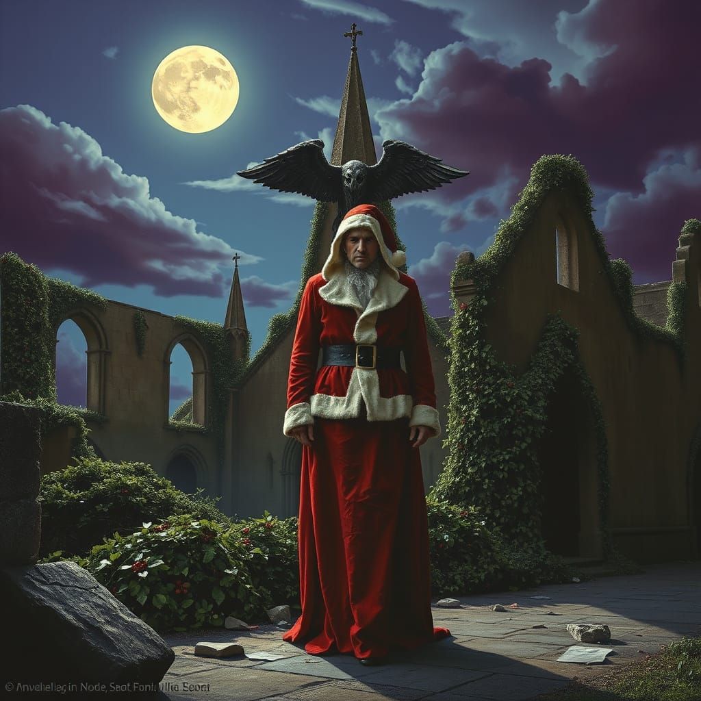 Plague Doctor in Santa Suit in Ruined Cathedral