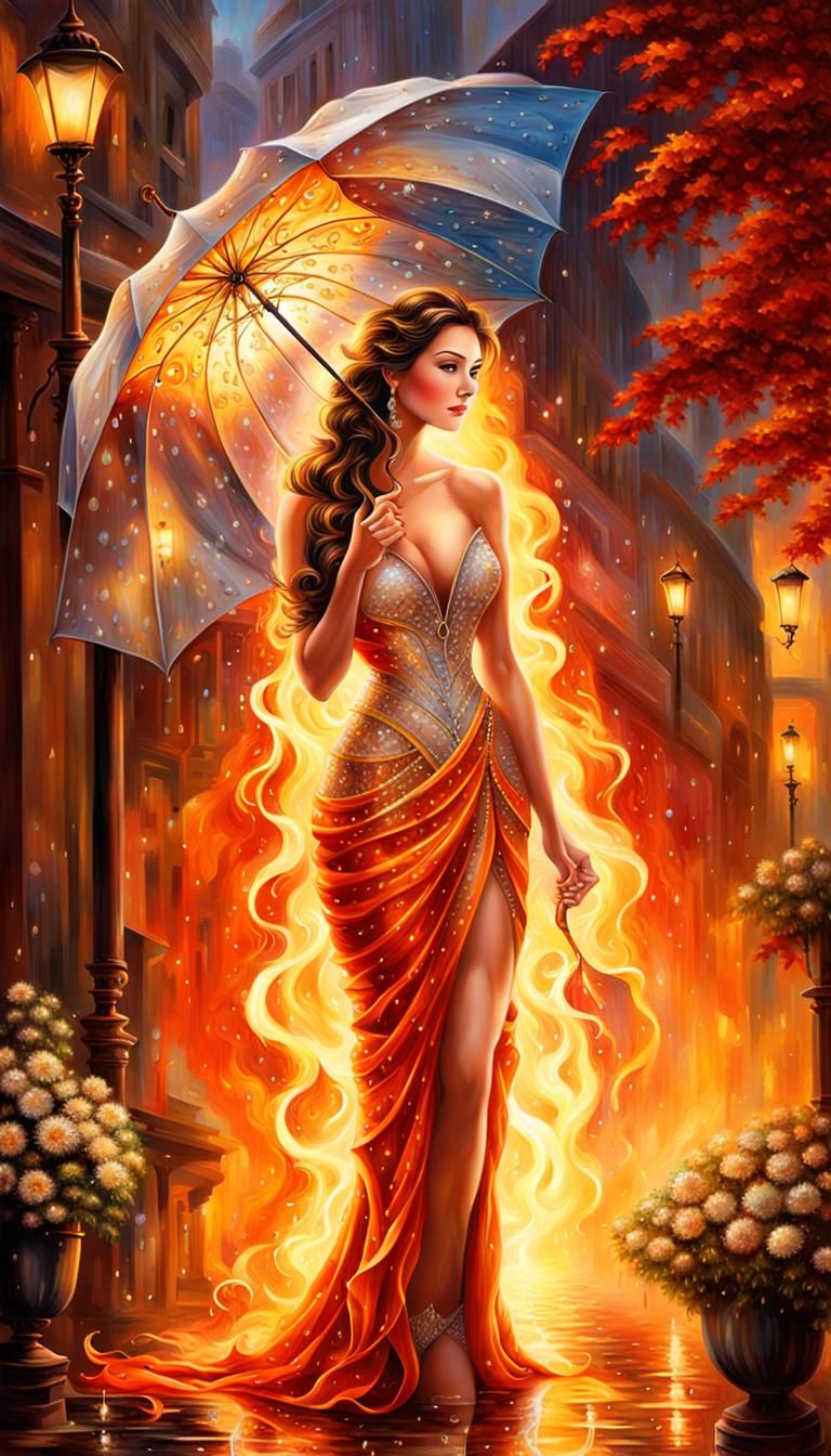 Enchanted Flame Figure with Raindrop Umbrella