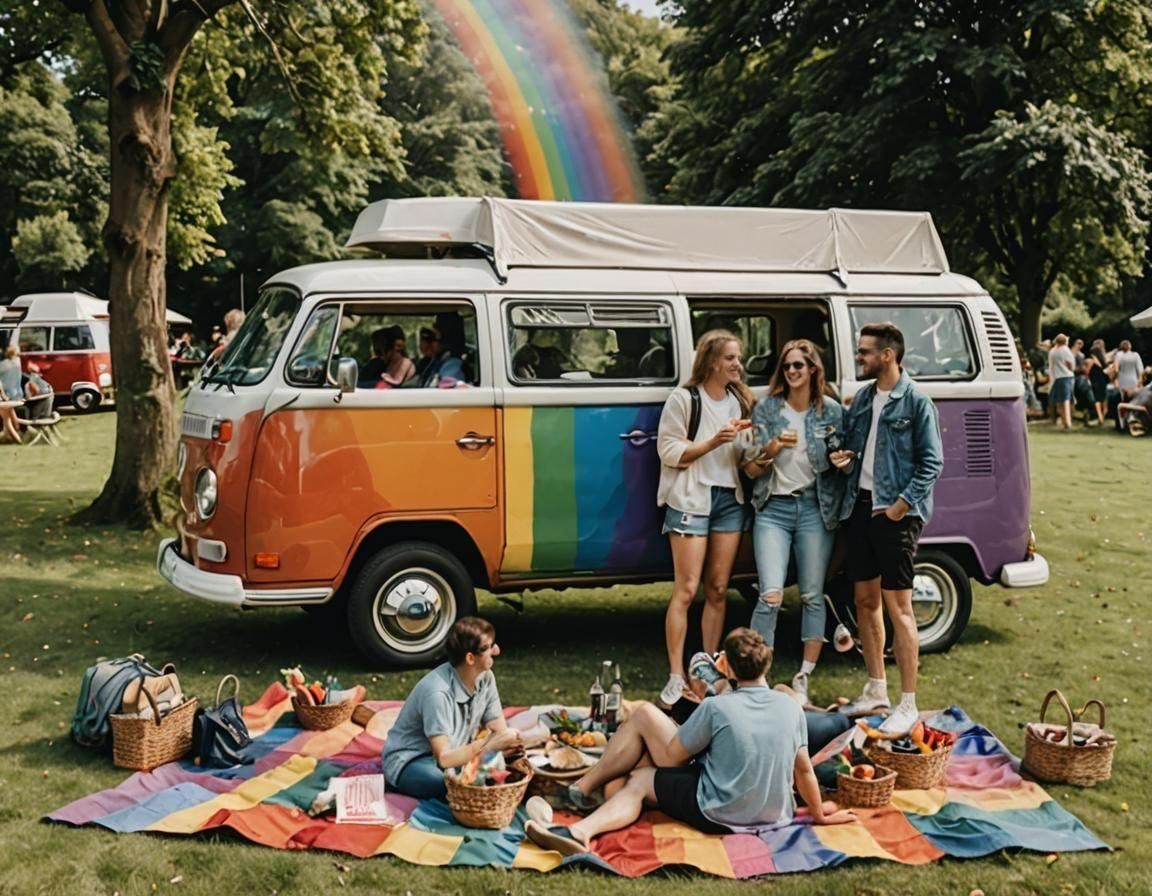 Rainbow VW Campervan Picnic Celebrating Life