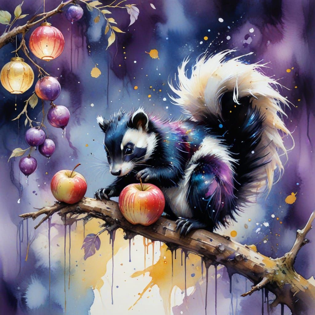 Skunk Nibbling Apple in Dreamy Watercolor Style