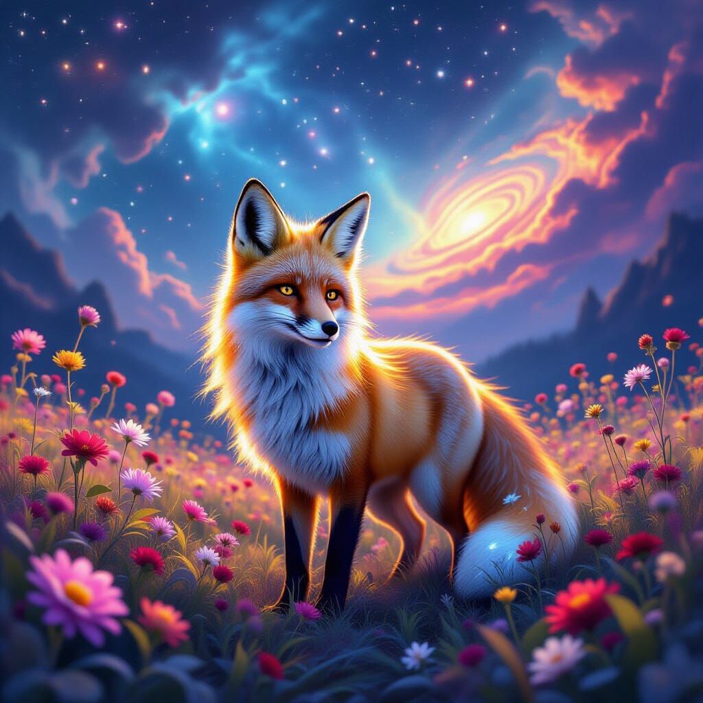 Bioluminescent Fox in Alien Flora Under Cosmic Sky
