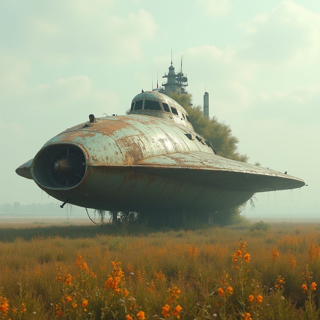 Ancient Starship Rests in Field of Wildflowers